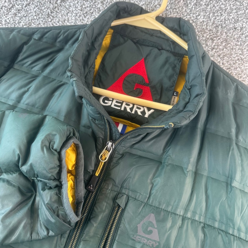 Gerry Puffer Jacket Mens Large Green 650 FillPower Quilted Full Zip FLAW